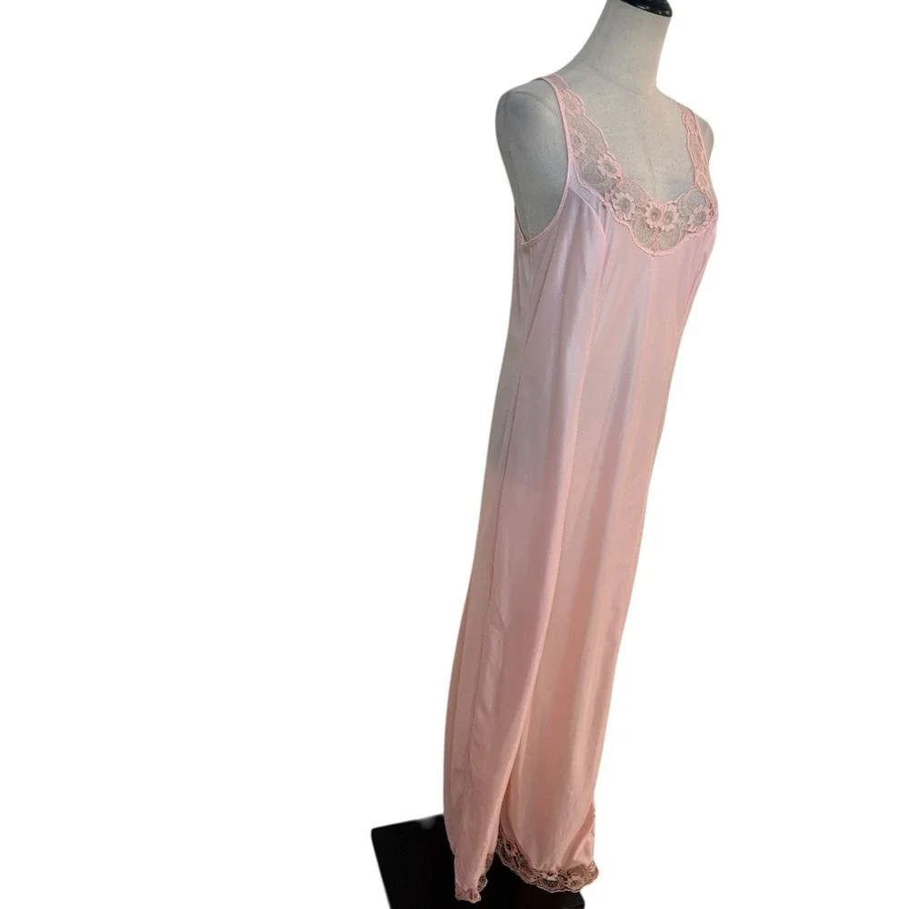 Vtg Pink‎ Lace Nightgown Maxi Slip Dress Floral Nylon Bridal Coquette Boudoir